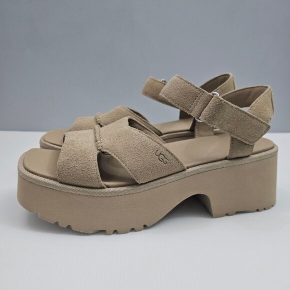 NEW UGG New Heights Sandal Womens 12 Tan Suede Platform Chunky Wedge Ankle Strap - Picture 14 of 14